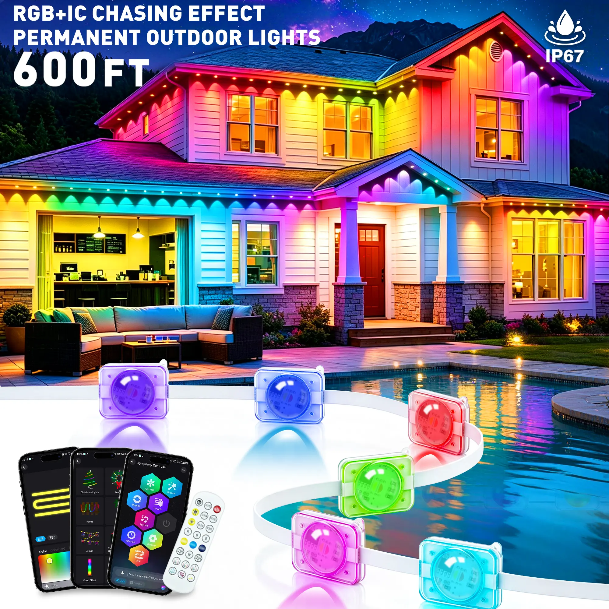 AHRLHR IP67 Waterproof Permanent Outdoor LED Strip Lights - RGB IC Eaves Lights with App Control, Music Sync, DIY Scene Modes, Color Changing, Modern Outdoor Lighting for Home, Garden Party Decor (Home Improvement Outside Light)