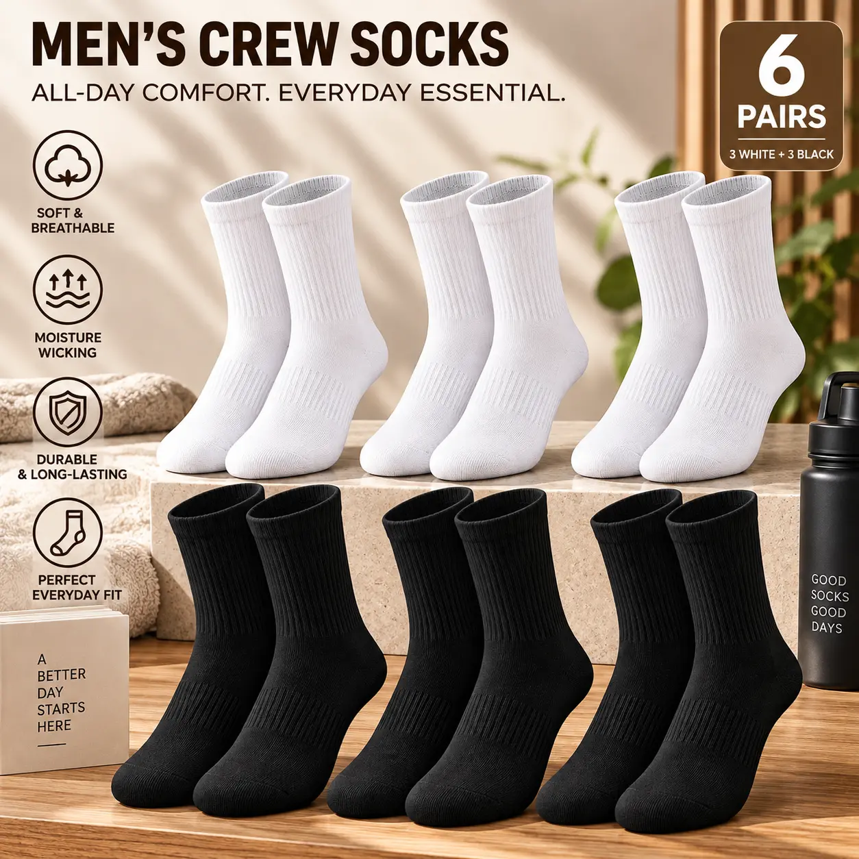 6 Pairs Crew Socks for Womens and Men Cushioned Long Socks Cotton Athletic Socks for Hiking Running  basketball