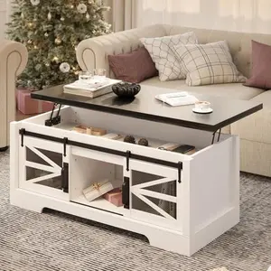 47.2" Lift Top Coffee Table, Multifunctional Table with Sliding Barn Door, Hidden Storage Compartment, Lifting Tabletop, Adjustable Shelf, Rustic Farmhouse Center Table for Dining and Living Spaces