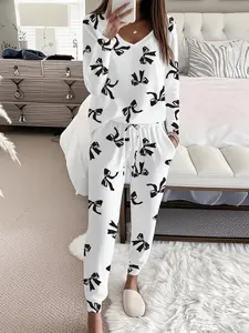 Women's Bow Print Casual Set, Long Sleeve V Neck Top & Tie Waist Pants, Ladies Homewear & Pajamas, Spring & Fall Fashion Loungewear