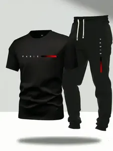 Men's Letter Print Tee & Pants Two-Piece Set, Crew Neck Short Sleeve Knit T-Shirt & Pocket Jogger Pants, Casual Top & Sweatpants, Men Clothes Set for Outdoor Sports, Elastic