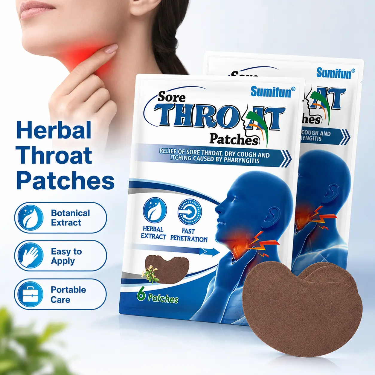 Herbal Throat Care Patches with Cooling Formula, Portable Soothing Wraps for Adults, 6 Patches, 15g, Sheet, Pharyngitis, Dry, Self Care Products, Neck, Sore Throat, Easy To Apply, Throat Pain