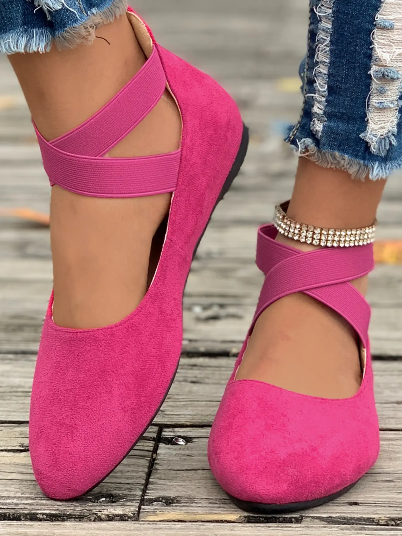 Women's Cross Elastic Strap Flats, Fleece Low-Cut Round Toe Shoes, Comfortable Casual All-Season Footwear for Commuting & Outdoor Use, Casual Summer Shoes, All Seasons Footwear