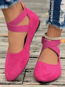 Women's Cross Elastic Strap Flats, Fleece Low-Cut Round Toe Shoes, Comfortable Casual All-Season Footwear for Commuting & Outdoor Use