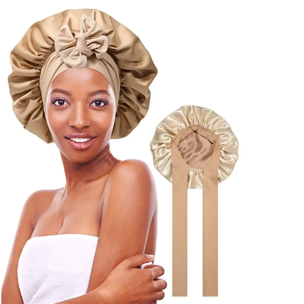 Women's Adjustable Smooth Solid Double-Layer Reversible Satin Bonnet Hats - Elastic Haircare Night Cap with Tie Band, Sleep Bonnet Headbands for Curly Hair, Daily Use, Reversible Bonnet Hats