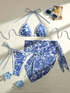 Women's Boho Floral Tie Back Bikini Set, Sleeveless Fitted Triangle Cup, Asymmetrical Design, Skirt Bottom, Three-Piece Swimwear Floral Print Bikinis, Summer Swimsuit Set
