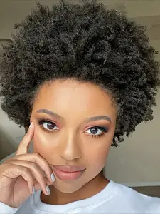 Pixie Cut Afro Kinky Curly Human Hair Wig for Women Full Machine Made Wig 150% Density 6 Inch Afro Curly Wigs