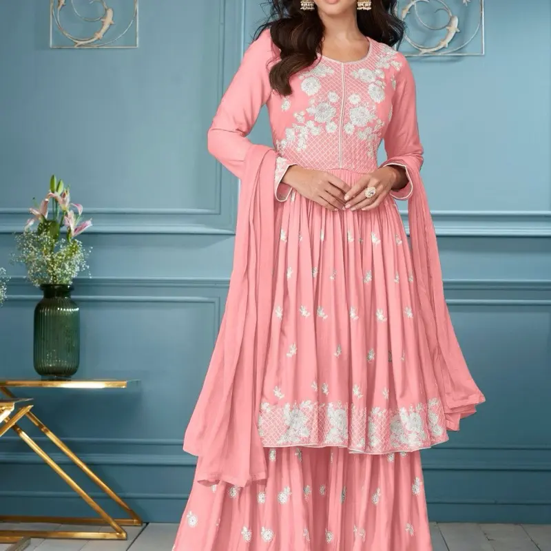 Peach Rayon Fabric Sharara Suit Size 44 with Lucknowi Embroidered Set Floral Patterns & Matching Shawl Elegant for Special Occasions