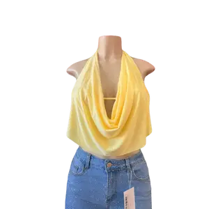 BOHO TOP with Cowl Neckline Loose Draped Fabric Halter Neck Design Self-Tie Straps Secure at Neck and Back