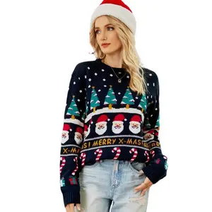 Clearlove Women's Christmas Sweater Funny Cute Tree Snowflake Reindeer Santa Xmas Knitted Pullover Tops - Navy blue,X Large