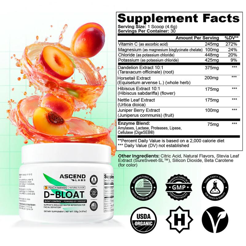 D-BLOAT Daily Debloat Powder - ASCEND LABS - 30 Servings - Natural Bloating Relief & Water Retention Support - Dietary Supplement