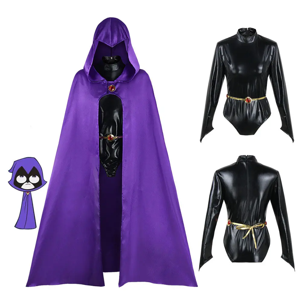 Flash Sale Crow Boy Cosplay Costume, Titan Raven Cosplay Costume, Anime Stage Performance Outfit Set with Purple Hooded Cloak & Black Shiny Bodysuit Menswear Clothes
