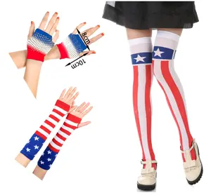 3-Piece Patriotic Costume Set, Patriotic Star Striped Thigh High Socks, Fingerless Fishnet Gloves & Arm Warmers for Independence Day Memorial Day Party