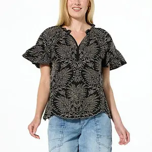 Democracy Embroidered Eyelet Flounce Sleeve Top