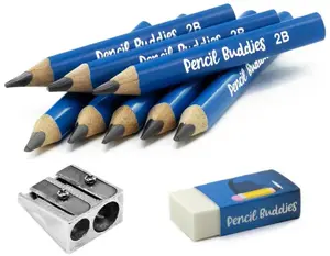 Short & Fat 3.5” Triangular Pencils – 5MM Core + Sharpener + Eraser  (Set of 8) Blue