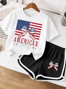 Girls' 2-Piece Patriotic Print Short-Sleeve Set with Red Bow Decoration for Independence Day Celebrations