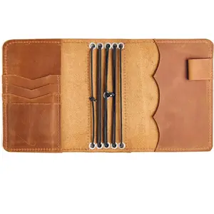 Leather Journal Cover A6 -  Refillable Traveler's Notebook with 5 Elastic Bands, Pen Holder & Card Pockets, Leather Notebook Case Fits A6 Inserts (Paper Not Included), Caramel Brown