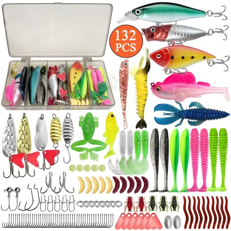 132-Piece Fishing Lure Set with Gear Box, Includes Hard and Soft Baits, Rotating Lures, Fake Shrimp, Spoon Bait, Hooks, Freshwater and Saltwater Use