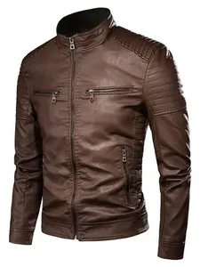 Men's Regular Fit Solid Pocket Zipper PU Faux Leather Jacket, Casual Long Sleeve Stand Collar Outerwear for Fall & Winter, Men's Clothes for Daily Wear