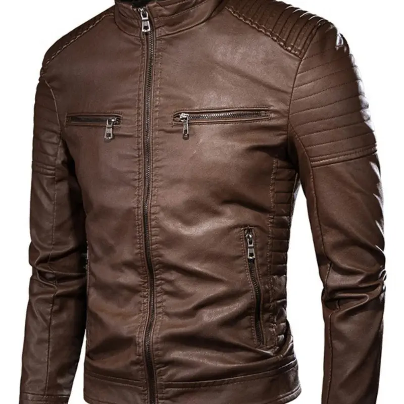 Men's Regular Fit Solid Pocket Zipper PU Faux Leather Casual Fashionable Jacket with Pockets Coats, Casual Long Sleeve Stand Collar Outerwear for Fall & Winter, Faux Leather Jackets, Men's Clothes for Daily Wear