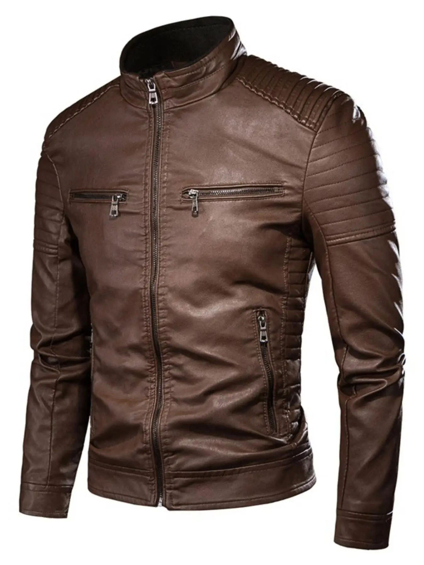 Men's Regular Fit Solid Pocket Zipper PU Faux Leather Jacket, Casual Long Sleeve Stand Collar Outerwear for Fall & Winter, Men's Clothes for Daily Wea