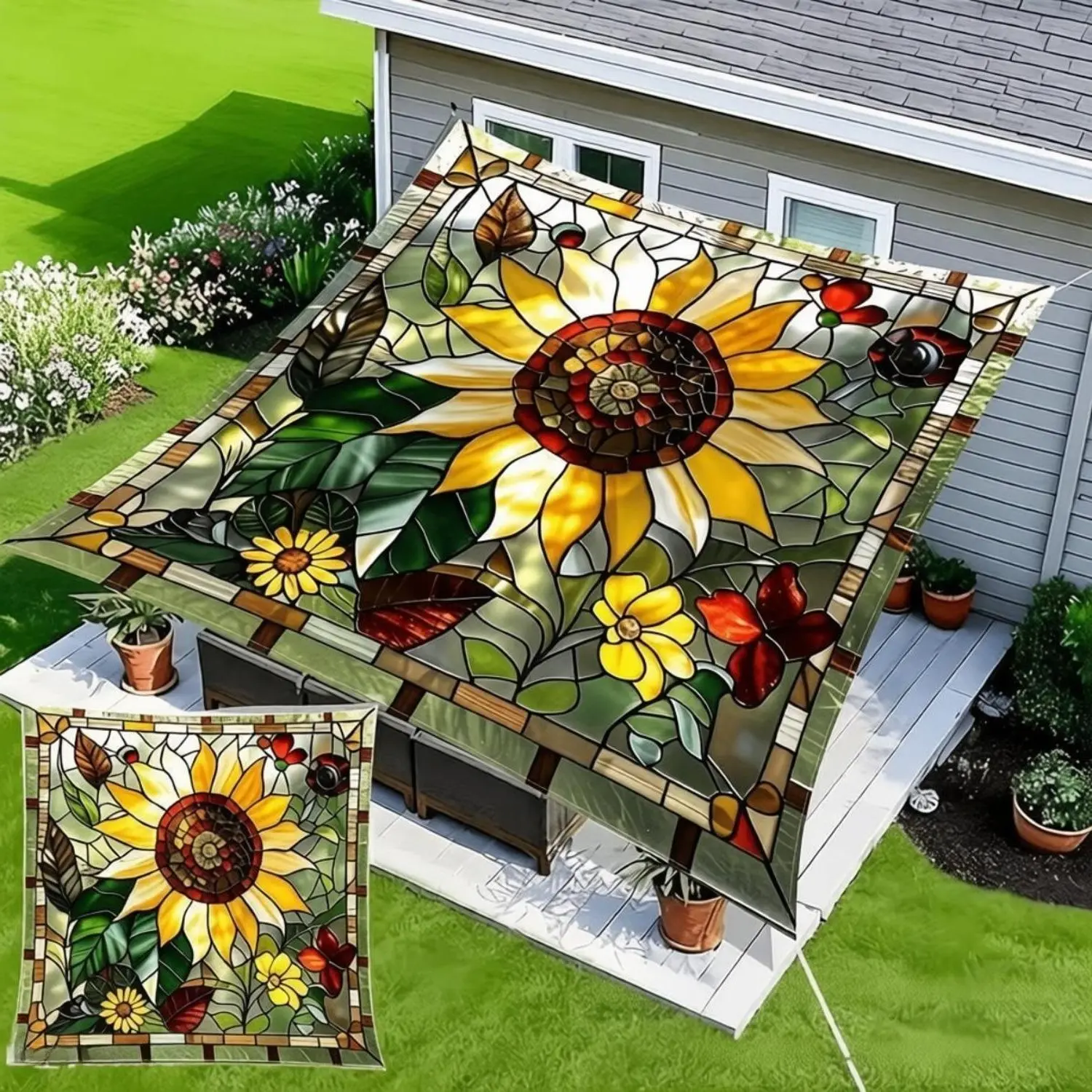 Sun Shade Sail Outdoor Canopy Square Rectangular Sunflower Print Patio Cover Garden Shade Sail Polyester Sun Shelter Backyard Terrace Camping Decor