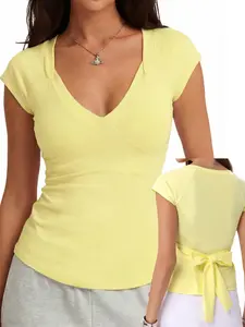 Danysu Tie Back Snatching Tops Padded Sexy VNeck TShirt Cotton Cute Going Out Tee Summer Streetwear Minimalist