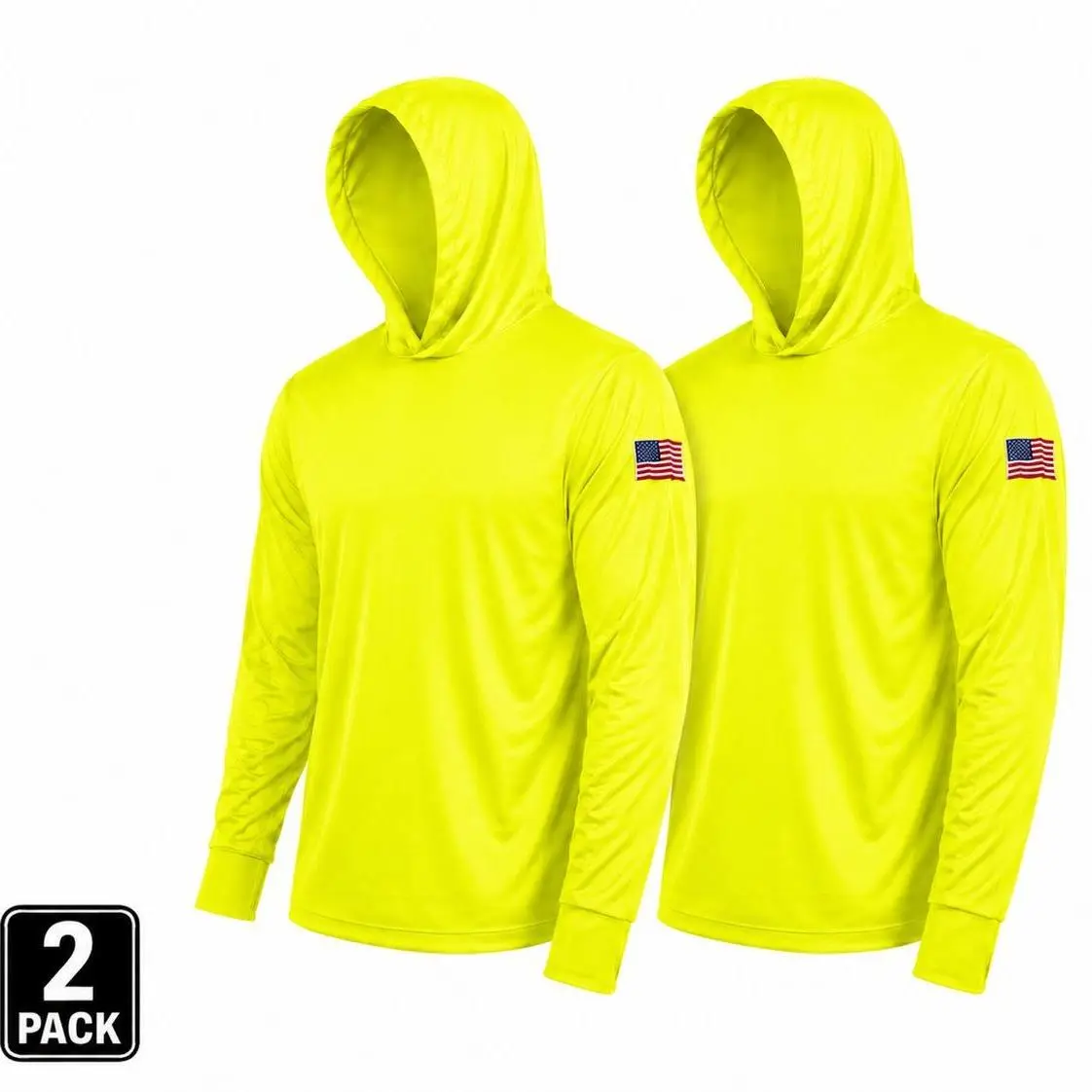 2 SHIRT PACK OF Hi Visibility ultra light weigh Long sleeve hoodie shirt with USA FLAG / 100 % polyester birdeye Fabric for quick dry AVAIALBE IN VARIOUS COLORS