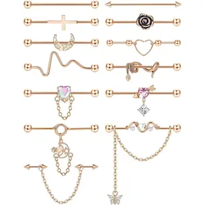 13PCS Industrial Piercing Jewelry Surgical Steel 14G Industrial Earrings Barbell with Chain Snake Moon Cartilage Helix Piercing Earrings Industrial Bar Jewelry for Women Men