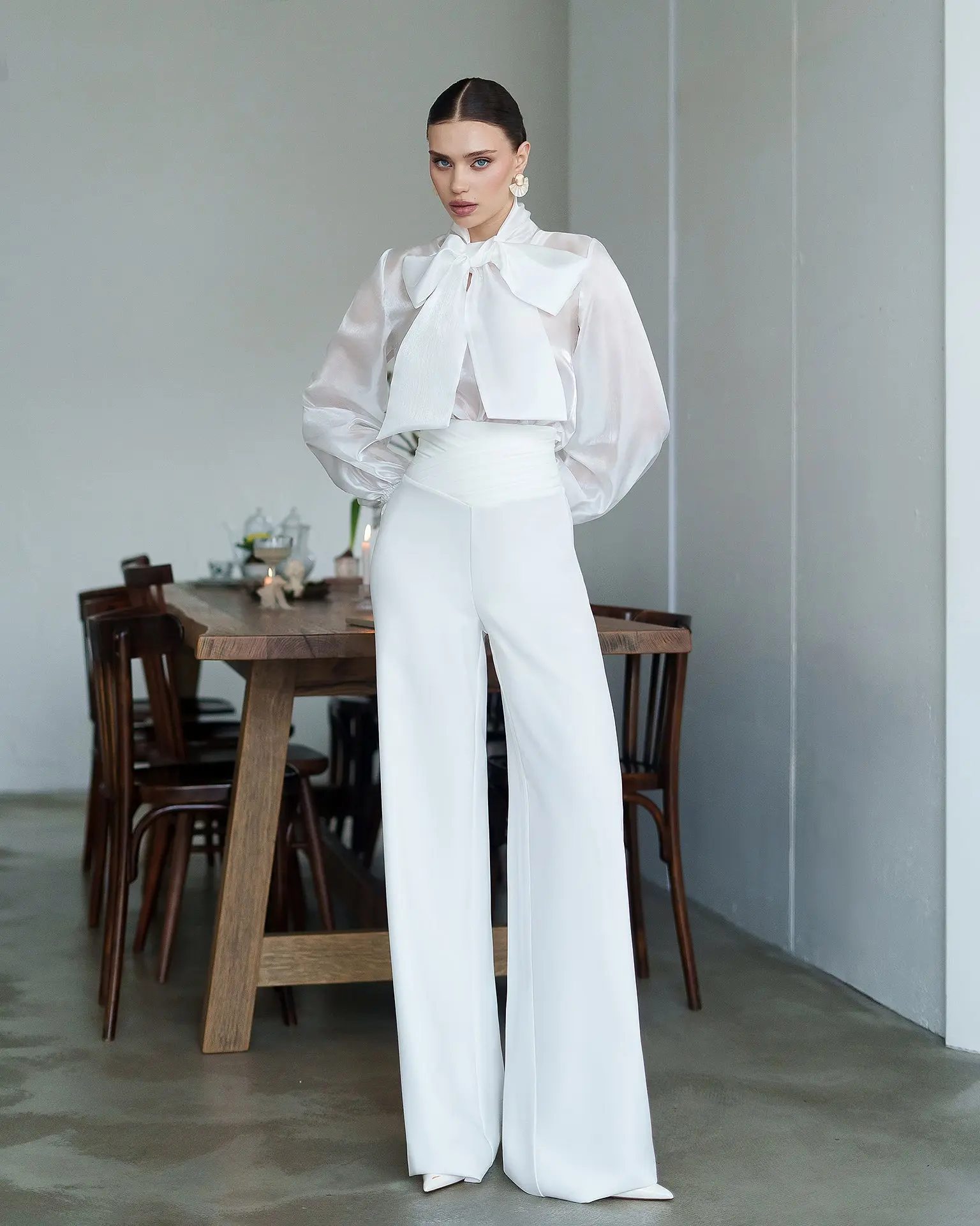 Bella White Draped Waist Wide-Leg Pants