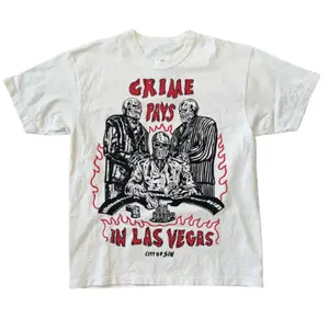 Crime Pays In Las Vegas T-Shirt, Vintage Graphic Tees Skull Gothic Biker Grunge Y2k Emo Scene Amity Affliction Style Clothes Men Women Streetwear