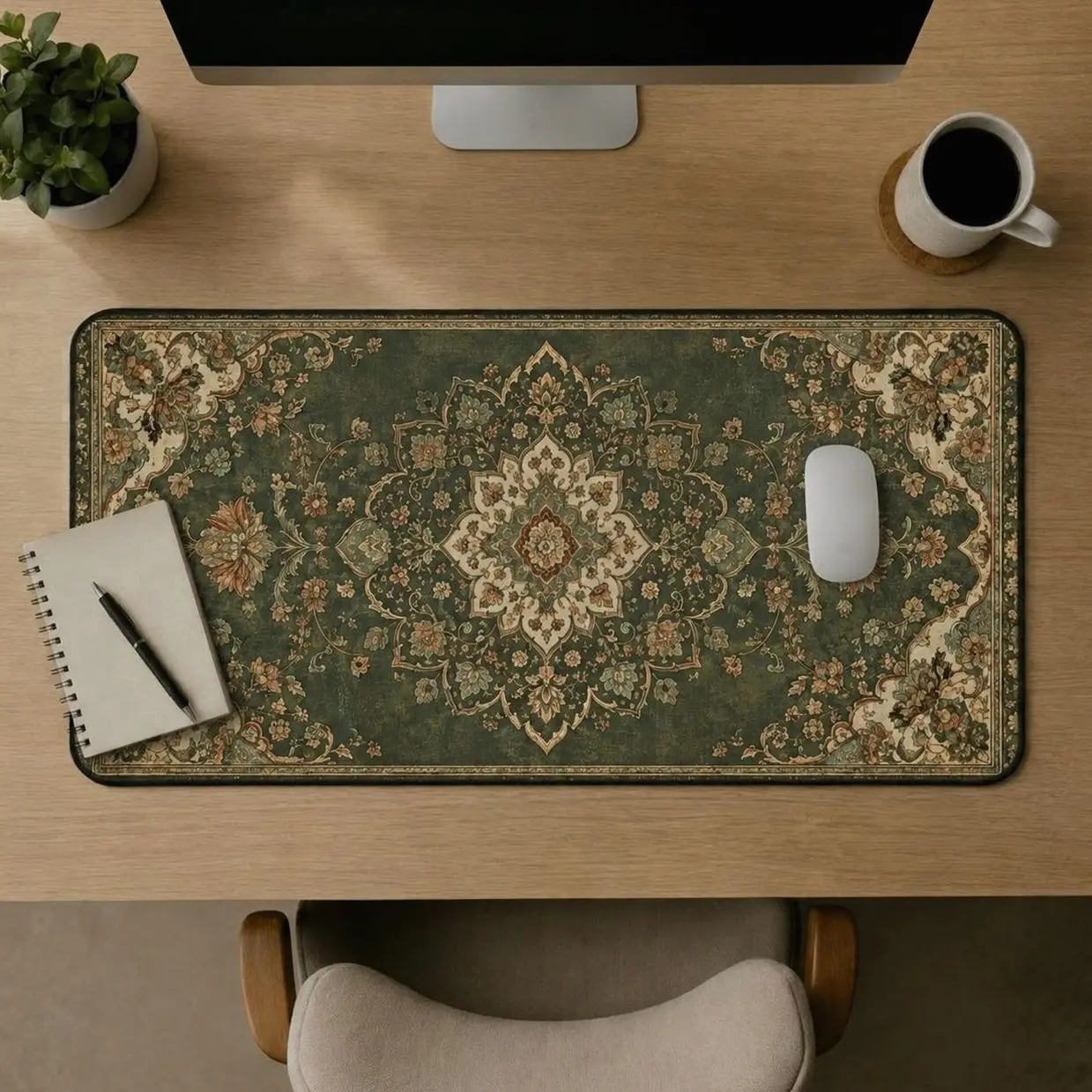 Persian Inspired Desk Mat | Green Botanical Desk Pad | Dark Academia Mouse Pad | Home Office Desk Mat | Keyboard Gamer Desk Accessories