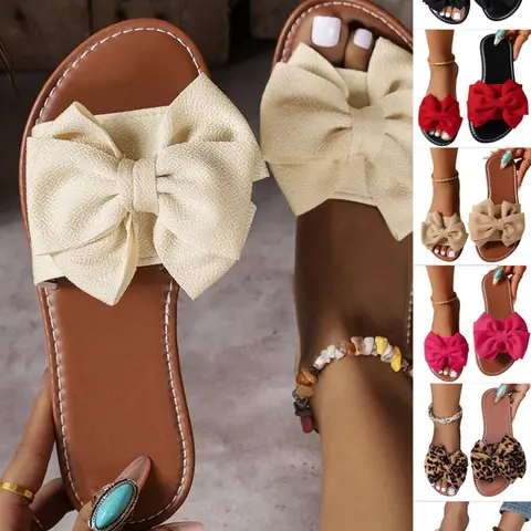 Women's Plain Bow Decorated Slip-On Flats, Boho Style Sandals, Bohemian Style Sandals, Minimalist Lightweight Non-Slip Sandals for Summer & Outdoor Beach, Casual Home Sandals, Boho Style Slides, Breathable Flat Sandals