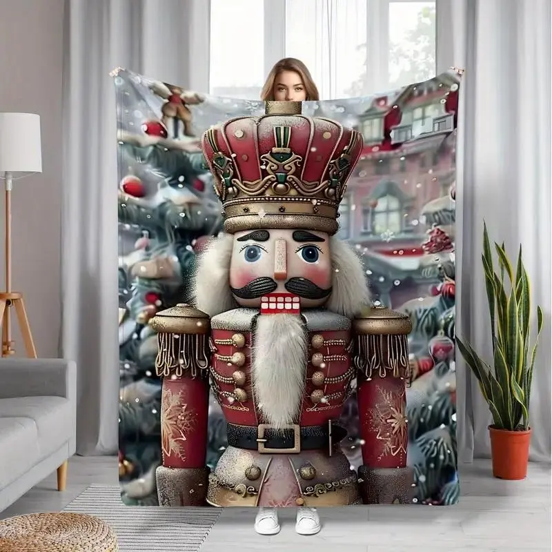 A flannel blanket with a Christmas nutcracker motif，Digital printed blanket for all kinds of places in soft and warm flannel fabric, machine washable, washable for birthday gifts, birthday gifts, Christmas and Halloween
