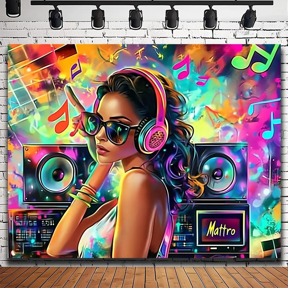 1pc 2D Flat Abstract Music-Themed Polyester Backdrop, Polyester Material, Vibrant Sound System & DJ Booth Design, Easy Setup, Photo & Party Decor Prop for Events, Photography Sessions