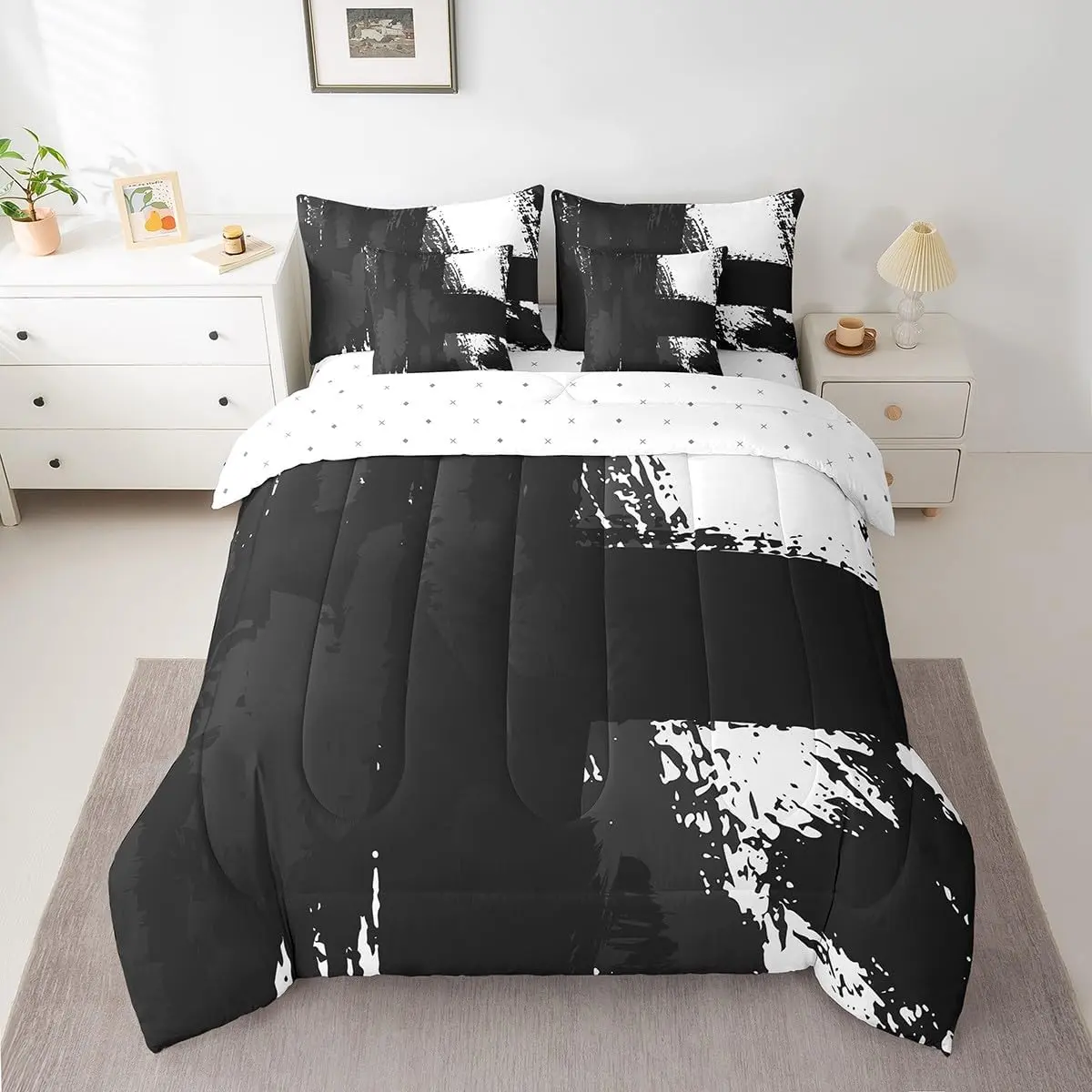 Feelyou 7-Piece Black and White Breathable Microfibre King Duvet Set - Durable Decorative Bedding Sets Collections, Modern Neutral Art, All Seasons, High Tensile Strength, Machine Washable, Includes Comforter, Sheets, Pillowcases, Cushion Covers, Decorati