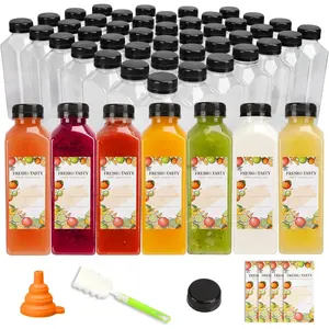 100 count 16oz Plastic Beverage Containers, Black Caps with Label, Funnel and Brush for Juicing, Smoothies, , Milk