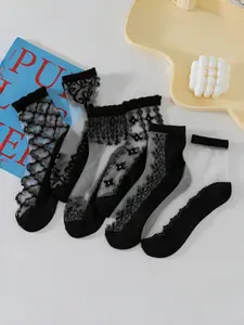 Women's Lace Trim Sheer Socks, Floral Pattern, Breathable Cotton Bottom, Anti-Slip Mesh Fabric, Fall & Winter Wear, Medium, Fit, Elegance, Feminine, Lady, Underwear, Womenswear, Elegant, Chic