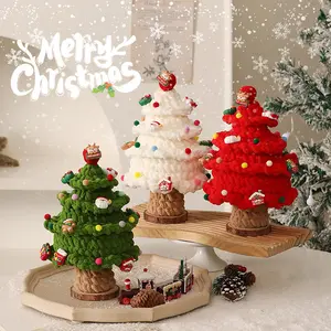 10-Inch Mini Christmas Tree Ornaments Set, Artificial Hand-Knitted Christmas Tree, Christmas Party Home Desktop Best Christmas Decorations (Green + White + Red)