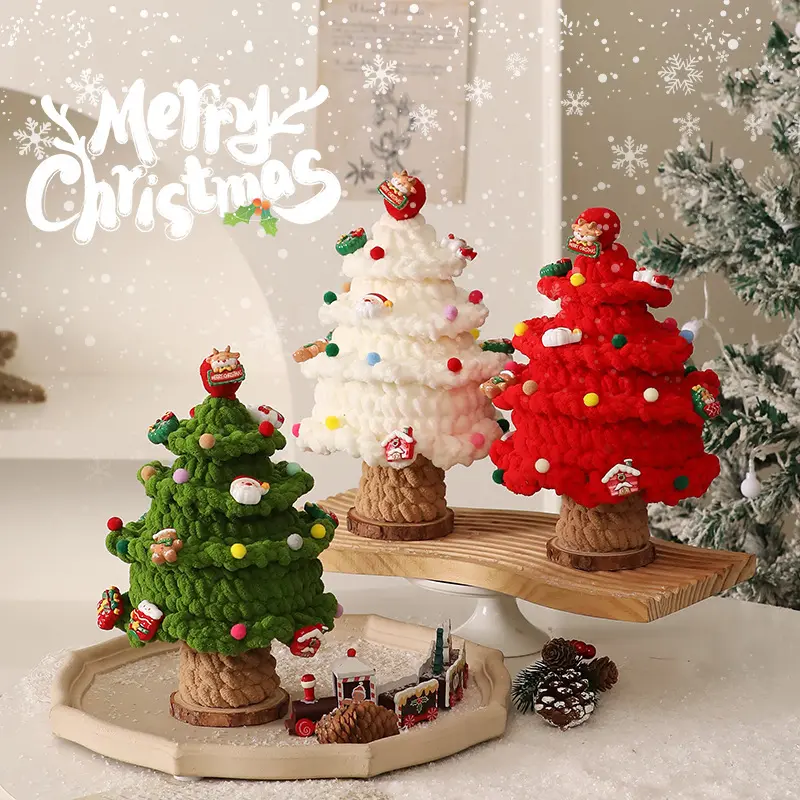 10-Inch Mini Christmas Tree Ornaments Set, Artificial Hand-Knitted Christmas Tree, Christmas Party Home Desktop Best Christmas Decorations (Green + White + Red)