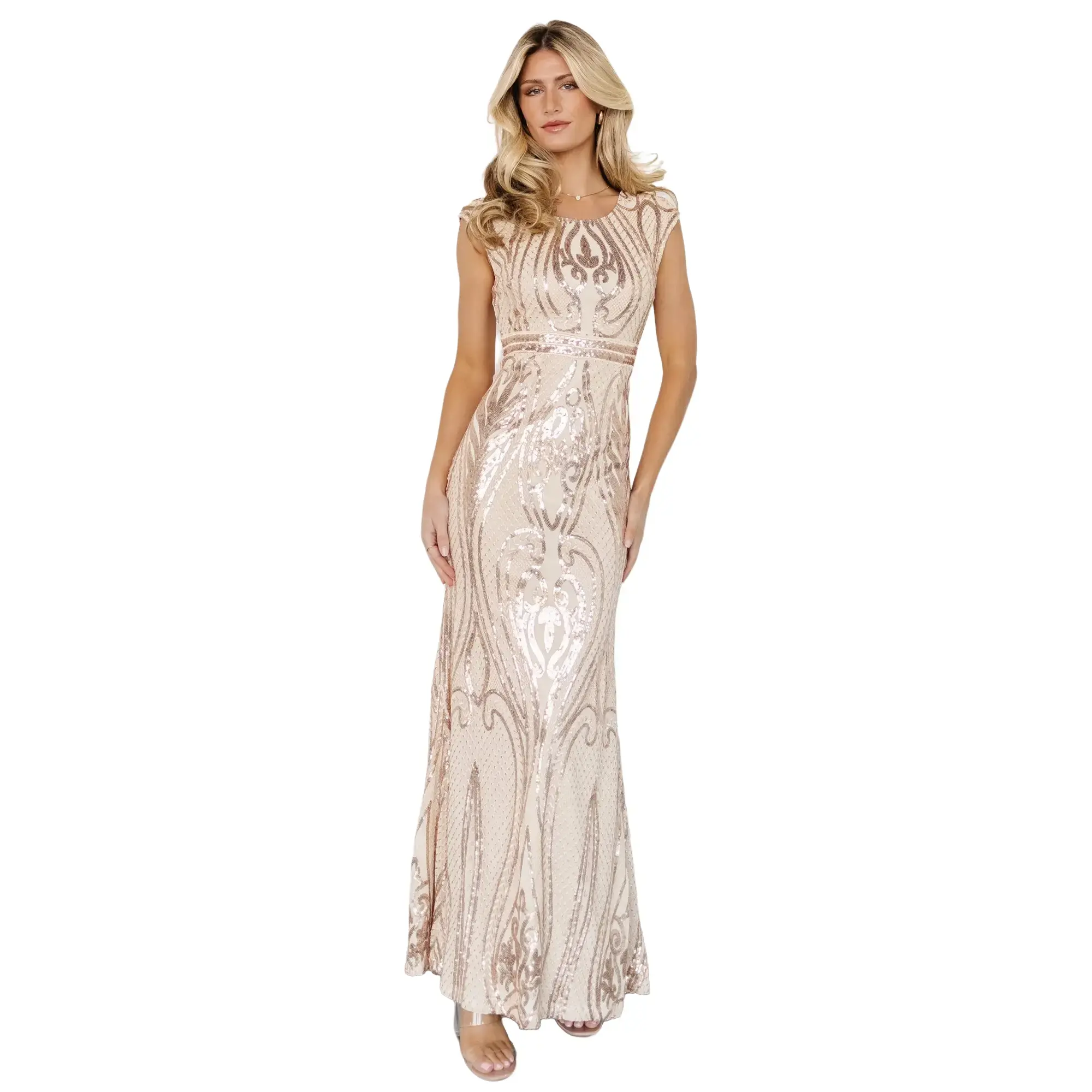 Baltic Born Lady's Sparkly Alessia Glitter Sequin Gown - Rose Metallic Champagne Polyester Cap-Sleeve Dress, Flattering Fit Skirt, Zipper Closure, Stylish Formal-Casual Clothes, On-Trend Style, Formal Wear, Women