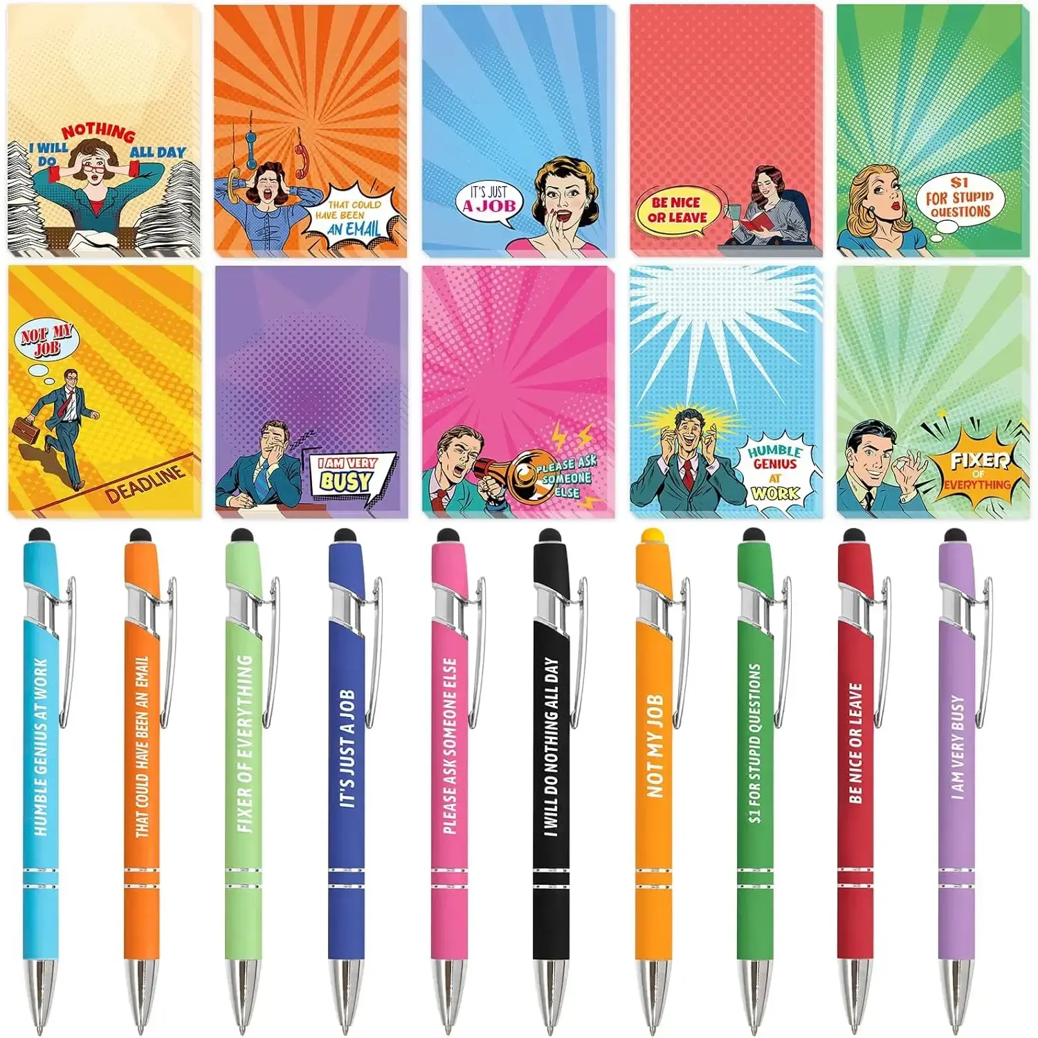20-Pack Printed Office Stationery Set - Funny Sarcastic Notepads (30 Sheets per Pad, 5.7 Inches), Sayings Pens, Humorous Sticky Notes, To-Do Lists, Christmas Gag Gifts for Boss, Coworkers Employee Appreciation Supplies, 2.95" X 3.9"