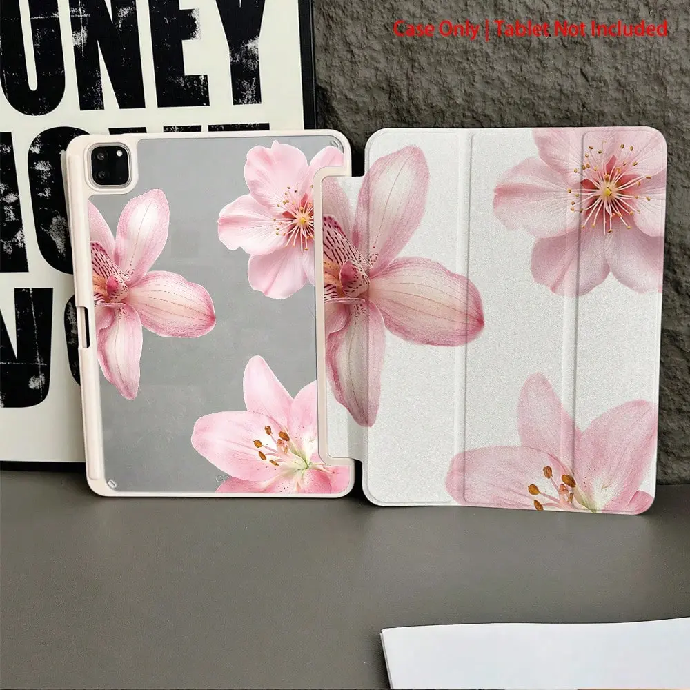1pc Pink Orchid & Cherry Blossom Print Transparent Back With Pen Slot Tablet Protective Case, Suitable For IPad 10.9/10.2/Air 5/Pro11/10/9.7/Air 2/(7th)/(8th)/Air 4/5/Pro 11/10, 10.9 Inch 2022 Smart Protective Cover/Air 13(M3 2025)/Air 11(M3 2025)/Air 1