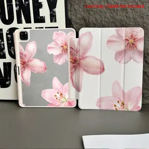 1pc Pink Orchid & Cherry Blossom Print Transparent Back With Pen Slot Tablet Protective Case, Suitable For IPad 10.9/10.2/Air 5/Pro11/10/9.7/Air 2/(7th)/(8th)/Air 4/5/Pro 11/10, 10.9 Inch 2022 Smart Protective Cover/Air 13(M3 2025)/Air 11(M3 2025)/Air 1