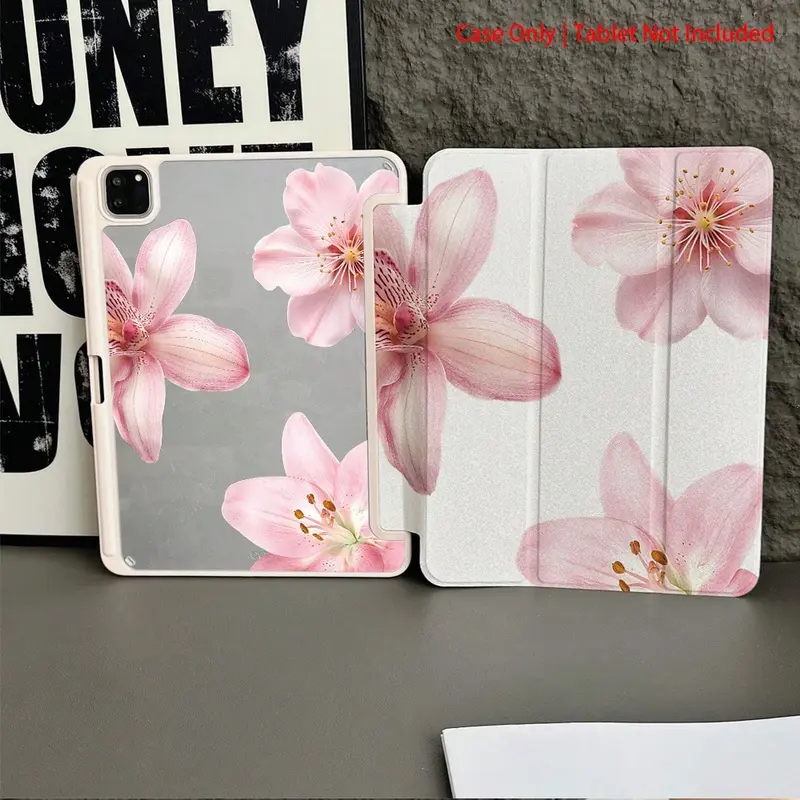 1pc Polyurethane Ipad Cover - Pink Orchid & Cherry Blossom Print, Multicolor, Transparent Back, Pen Slot, Tri-Fold Pad Kickstand, Smart Case for iPad 10.9/10.2/Air 1-5/Air 11(M3 2025)/Air 13(M3 2025)/Pro 11/10/9.7/(7th)/(8th) 2022 Models