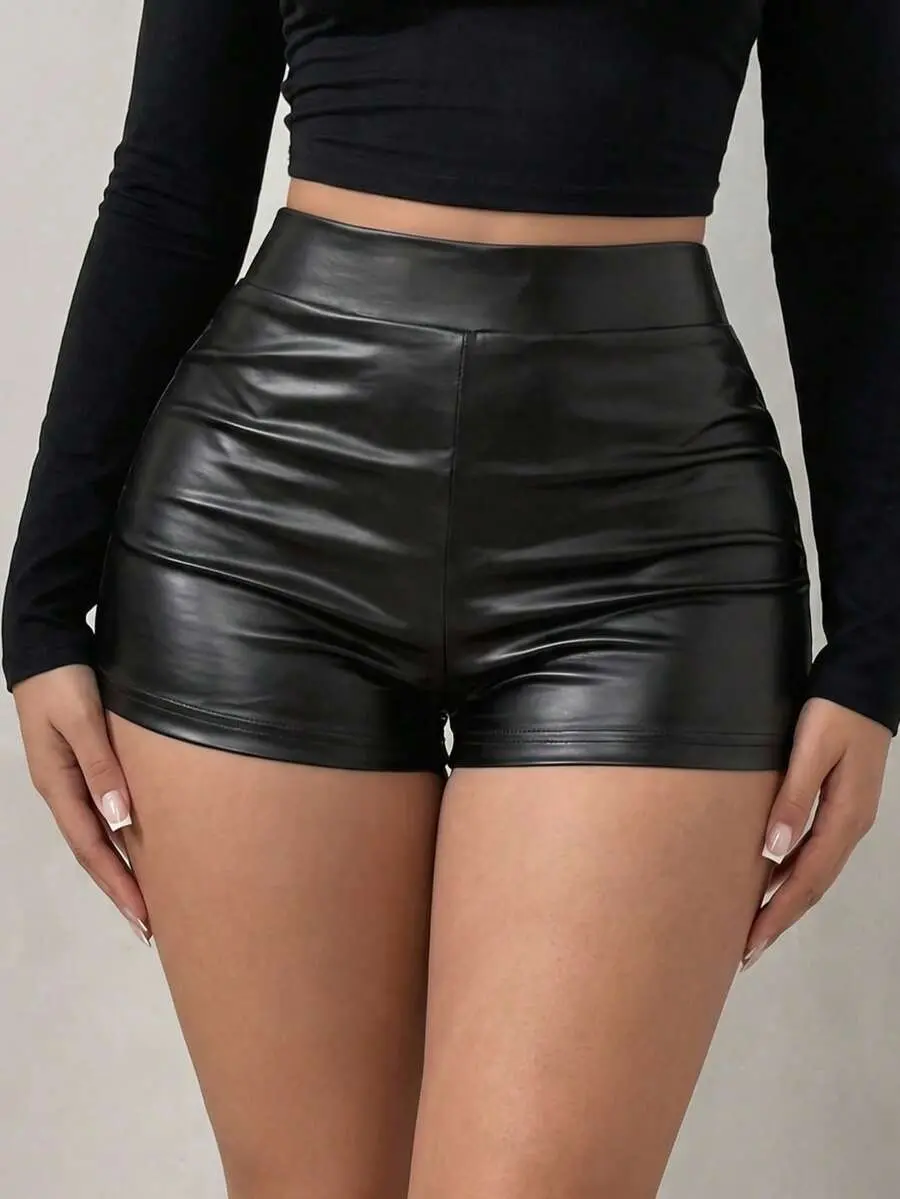 Women's High Waist PU Leather Shorts Straight Leg Black Zipper Front for Concert Night Out