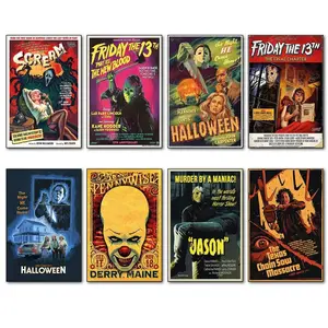 Epic Classic Horror Canvas Poster Iconic scenes from 80s90s horror movies, featuring Jason, Michael, Leatherface, Ghostface, and the clown, a must-have for horror fans and collectors, suitable for living room and bedroom decoration