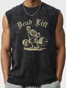 Men's Fitness Deadlift Skull Print Vest, Casual Cotton Tank Top, Loose Fit, Sleeveless Simple Design, Summer Streetwear Essential, Tank Tops Workout