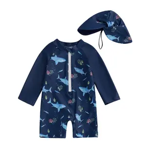 Toddler Boy Rash Guard Swimsuit Shark Print Long Sleeve Half Zip-up Bathing Suit with Sun Hat 2 Pcs Swimwear Set