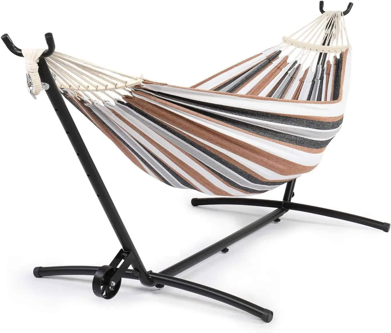 VINGLI Double Hammock with Spreader Bar & Heavy-Duty 9ft Steel Wheel Stand, Brazilian Hammock Set, Portable Hammock with Stand for Outside, Backyard, Camping, Includes Carry Bag, 440lb, Desert Strip